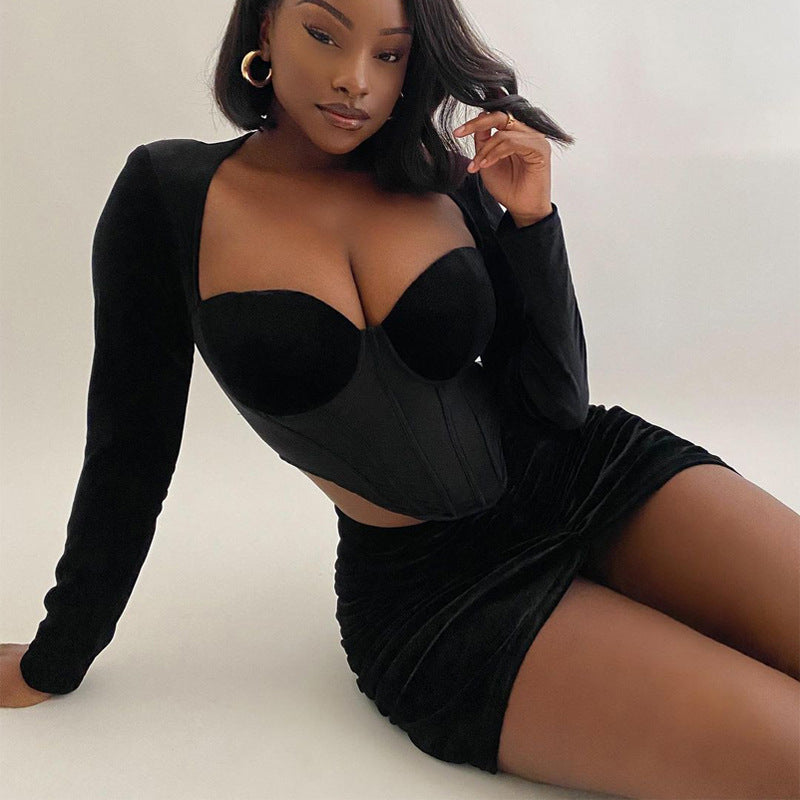 Sexy Patchwork Midriff-Baring Top Slim Ruffled Skirt