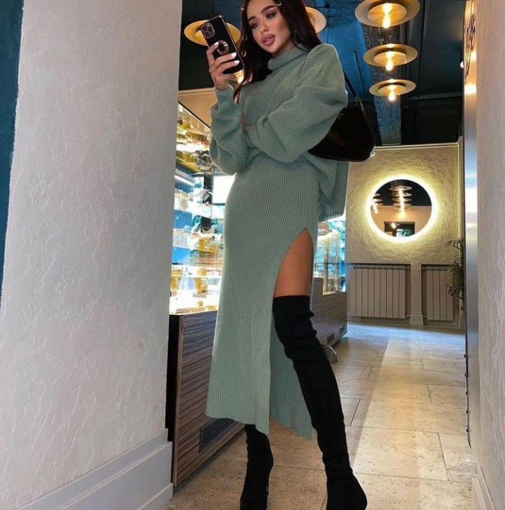 Turtleneck Loose Pullover Top Split Long Skirt Two-Piece Set - LivingLuxuryBoutique