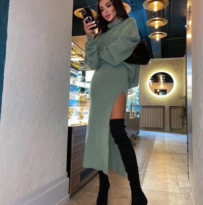 Turtleneck Loose Pullover Top Split Long Skirt Two-Piece Set - LivingLuxuryBoutique