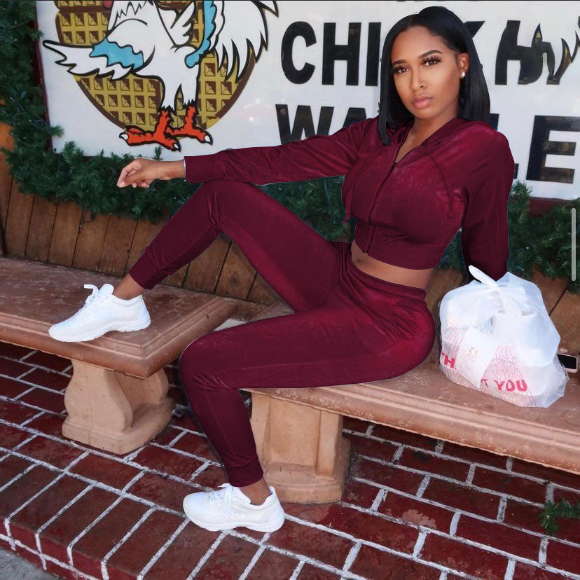 Velvet Hooded Jacket Slim Trousers Two-Piece Set Female Retro Set