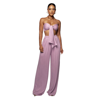 Women Clothes Two-Piece Sexy Pure Color Tied Tube Top Mid Waist Wide Leg Pants Casual Set