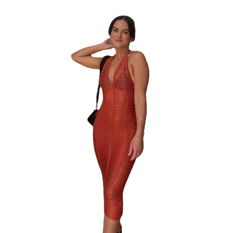 See-through Hollow Sexy Halterneck Skirt Knitted Tight Dress