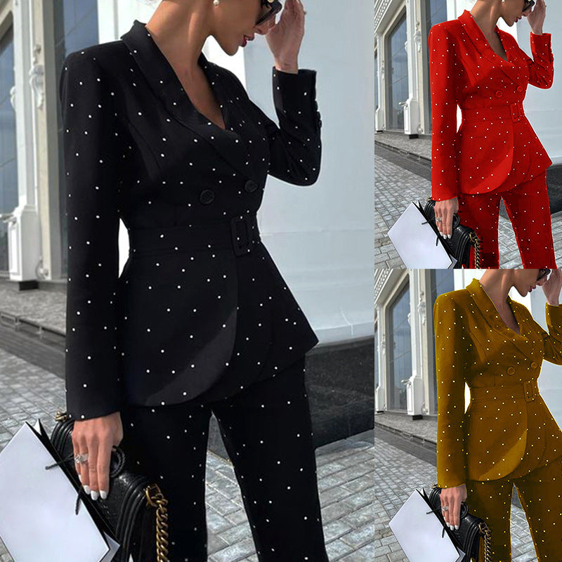 Polka Dot Long Sleeve Suit Coat Two-Piece Set Women Clothing