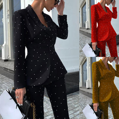 Polka Dot Long Sleeve Suit Coat Two-Piece Set Women Clothing