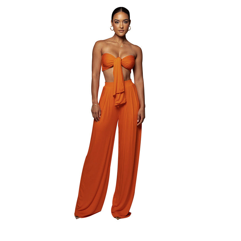Women Clothes Two-Piece Sexy Pure Color Tied Tube Top Mid Waist Wide Leg Pants Casual Set