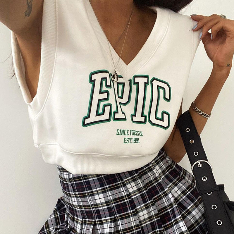 V-neck Sleeveless Pullover Letter Graphic Printed Navel Fleece Top