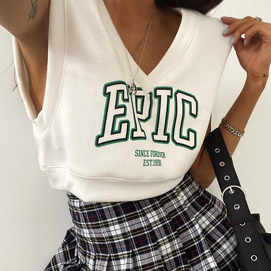 V-neck Sleeveless Pullover Letter Graphic Printed Navel Fleece Top