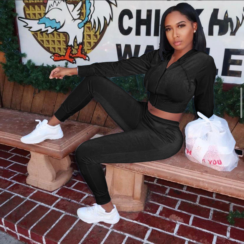 Velvet Hooded Jacket Slim Trousers Two-Piece Set Female Retro Set