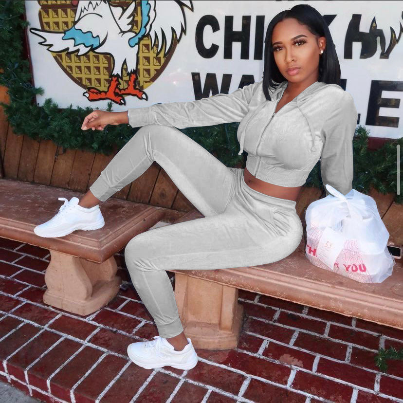 Velvet Hooded Jacket Slim Trousers Two-Piece Set Female Retro Set