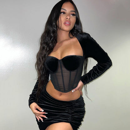 Sexy Patchwork Midriff-Baring Top Slim Ruffled Skirt