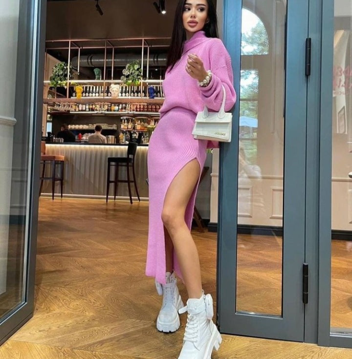 Turtleneck Loose Pullover Top Split Long Skirt Two-Piece Set - LivingLuxuryBoutique