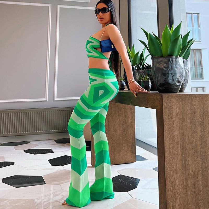 Women Five-Pointed Star Print Halterneck Vest High Waist Wide Leg Pants Suit