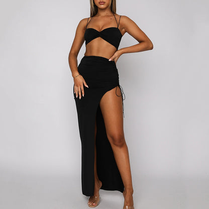 Pleated High Slit Long Skirt Two-Piece Suit