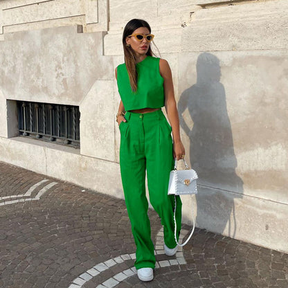 Solid Color Sleeveless Top Bell-Bottom Pants Suit