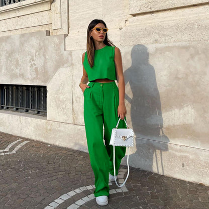 Solid Color Sleeveless Top Bell-Bottom Pants Suit