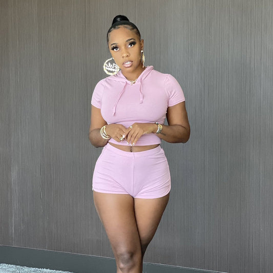 Hooded Solid Color Short Sleeve High Waist Shorts