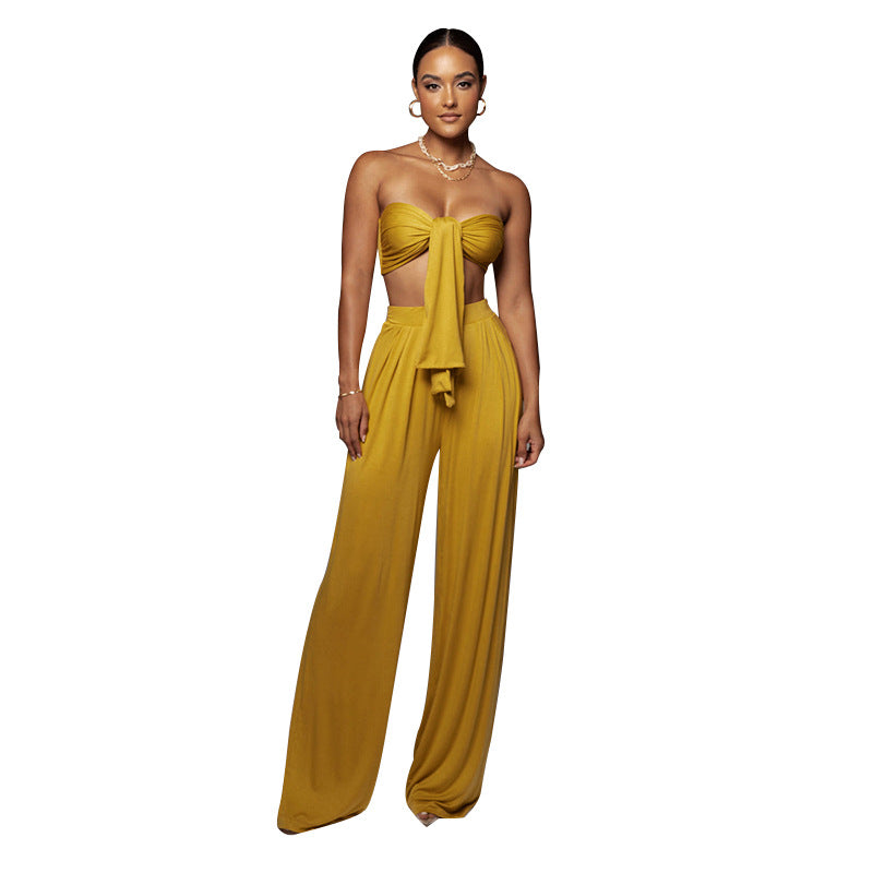 Women Clothes Two-Piece Sexy Pure Color Tied Tube Top Mid Waist Wide Leg Pants Casual Set