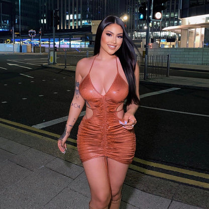 V-neck Brace Backless Pleating Dress