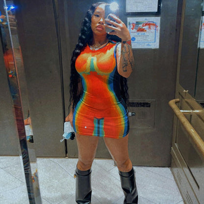 Personality Printed Dress Contrast Color