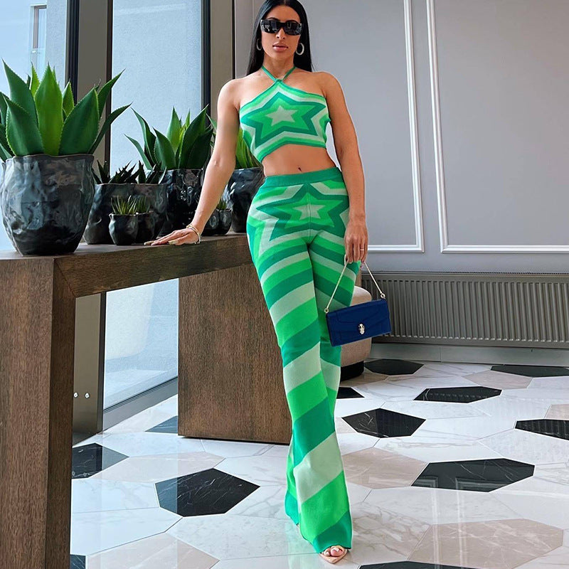 Women Five-Pointed Star Print Halterneck Vest High Waist Wide Leg Pants Suit