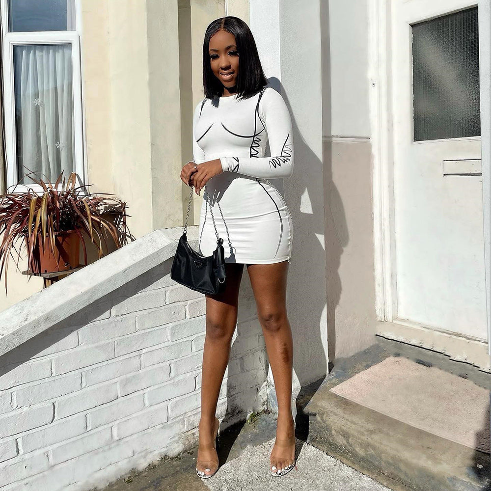Sexy Slimming round Neck Long Sleeve Dress Short Skirt