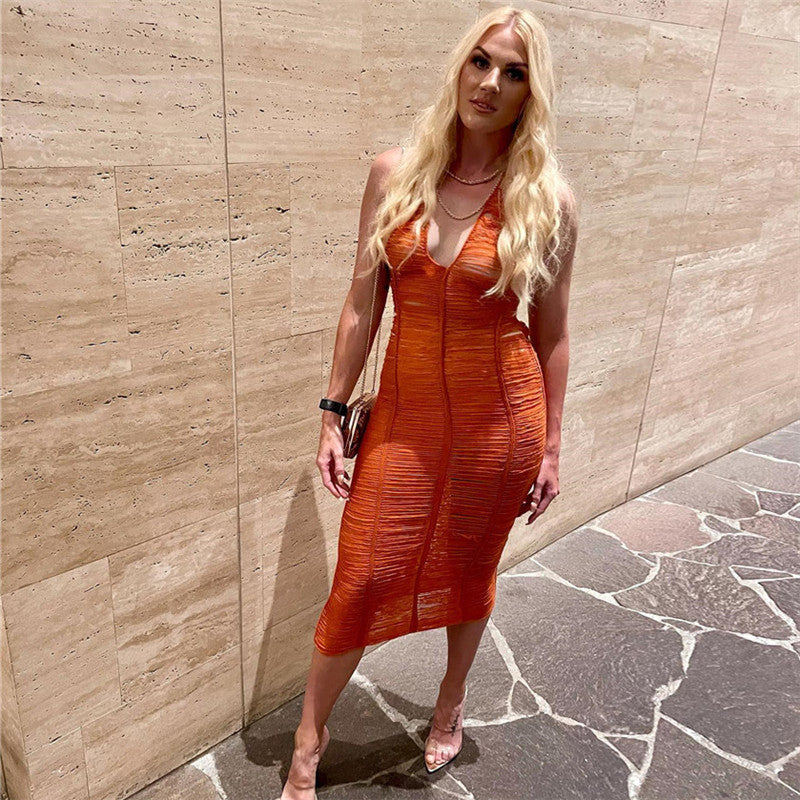 See-through Hollow Sexy Halterneck Skirt Knitted Tight Dress