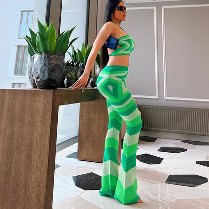 Women Five-Pointed Star Print Halterneck Vest High Waist Wide Leg Pants Suit