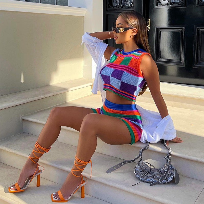 Sleeveless Vest High Waist Slim Fit Hip Raise Short Knitting Suit