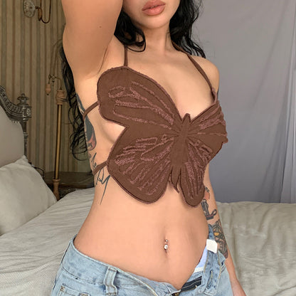 Sexy Butterfly Three-Dimensional Frayed Hollow out Strap Shirt