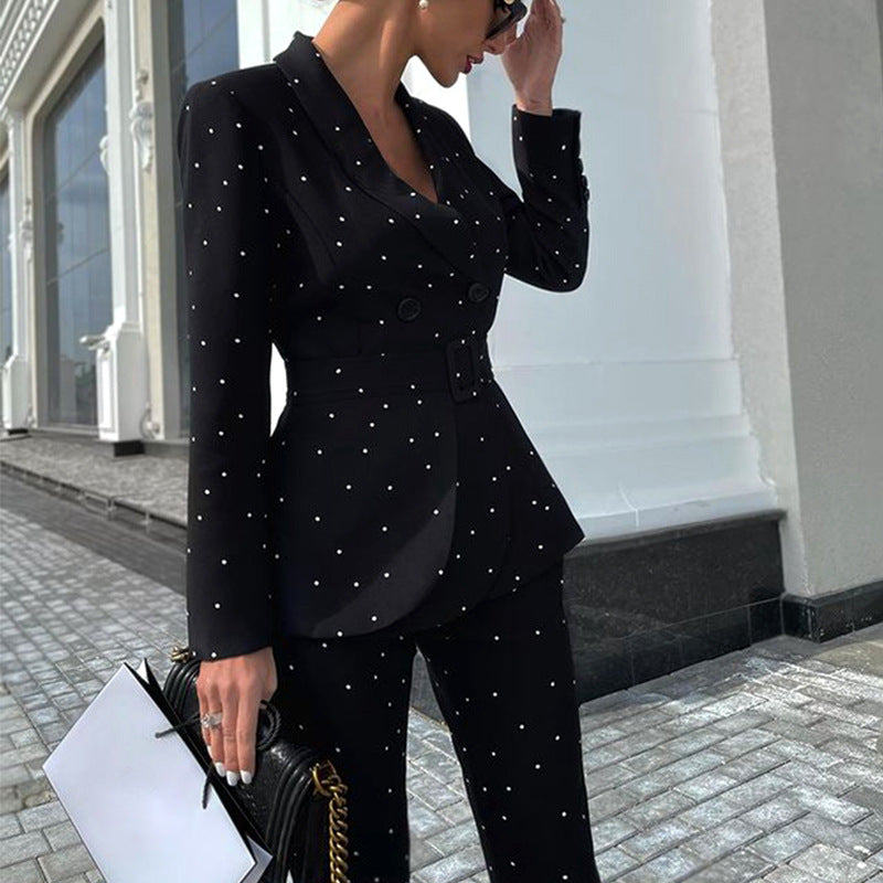 Polka Dot Long Sleeve Suit Coat Two-Piece Set Women Clothing