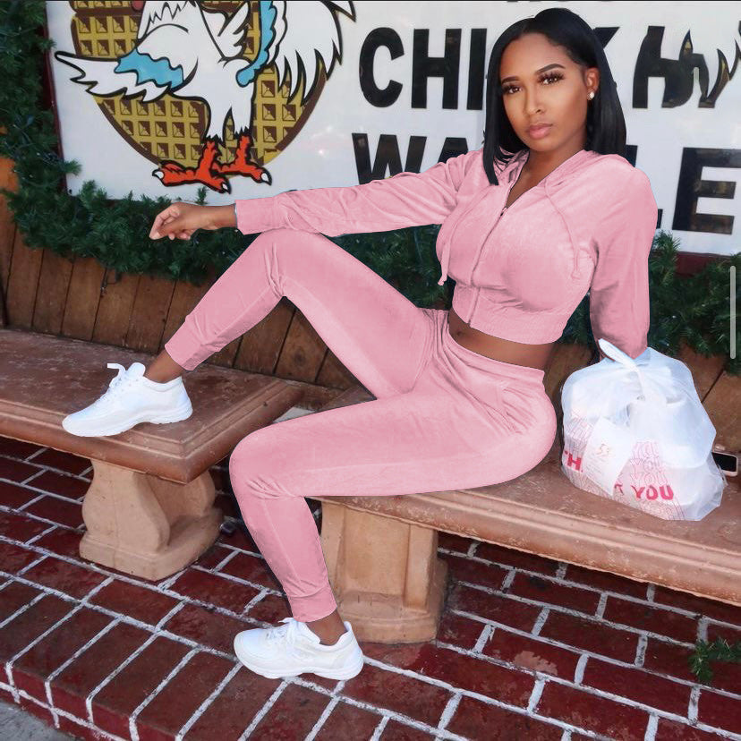 Velvet Hooded Jacket Slim Trousers Two-Piece Set Female Retro Set