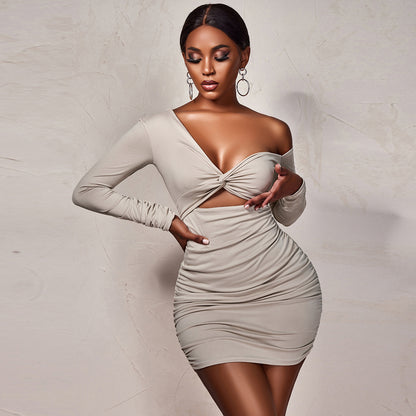 One-Shoulder Long Sleeve V-neck Hollow Dress