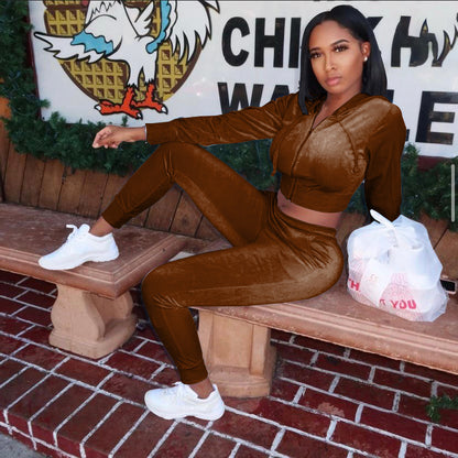 Velvet Hooded Jacket Slim Trousers Two-Piece Set Female Retro Set