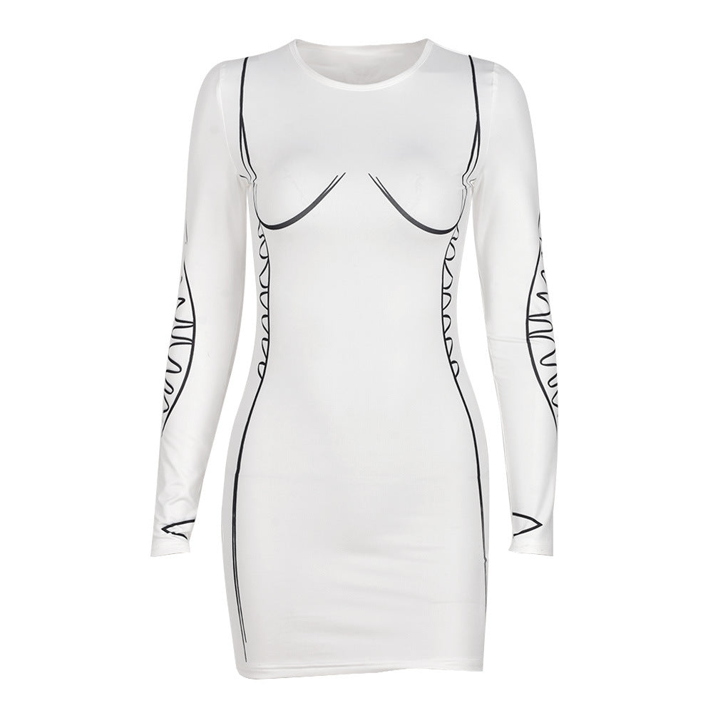 Sexy Slimming round Neck Long Sleeve Dress Short Skirt