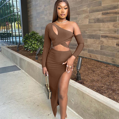 Diagonal Shoulder Crop-Top Short Top  Set