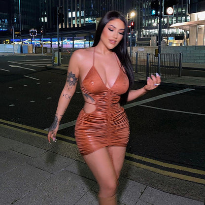 V-neck Brace Backless Pleating Dress