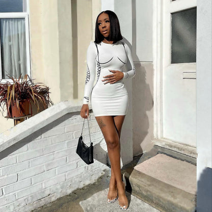 Sexy Slimming round Neck Long Sleeve Dress Short Skirt