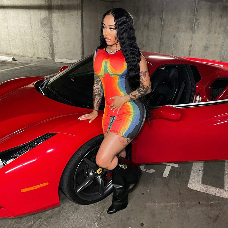 Personality Printed Dress Contrast Color