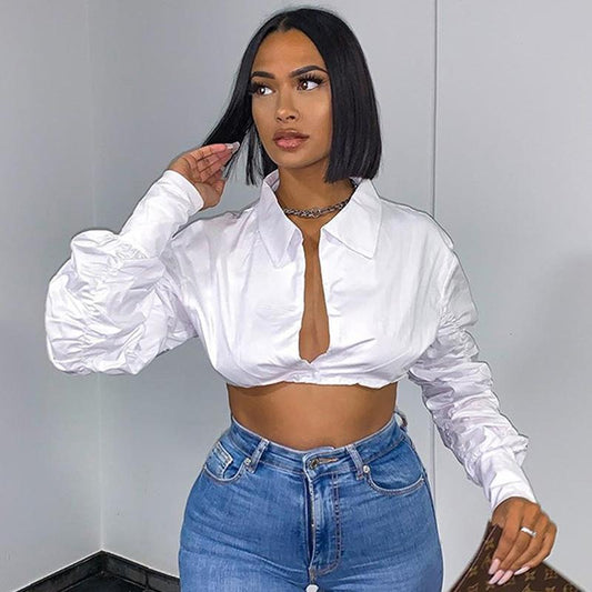 Deep V Neck Single Button Puff Sleeve Crop Top - LivingLuxuryBoutique